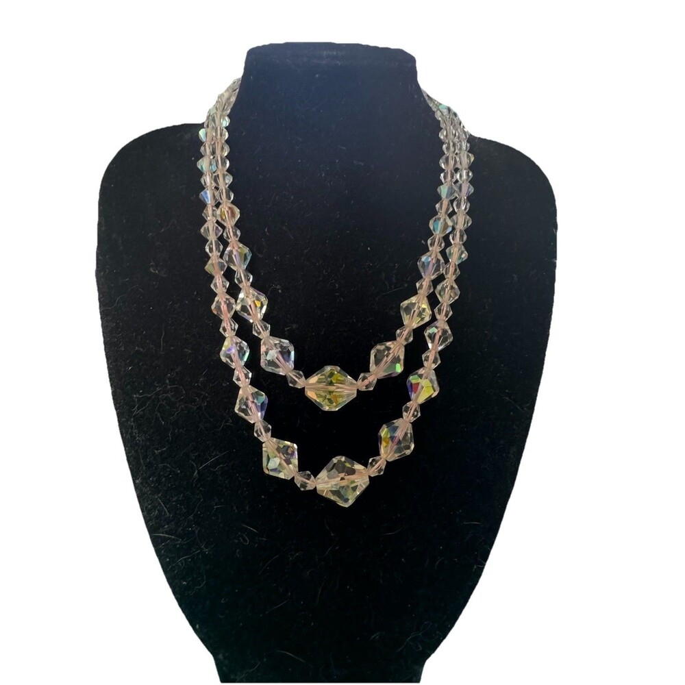 Vintage Clear Aurora Borealis Crystal Necklace Chocker Graduated Double Strand
